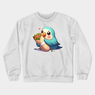 cute love birds are eating Mexican specialties, Tacos, Burritos, Enchiladas, Quesadillas, Guacamole, Fajitas, Chiles Rellenos, Tamales, Mole, Chilaquiles, Crewneck Sweatshirt